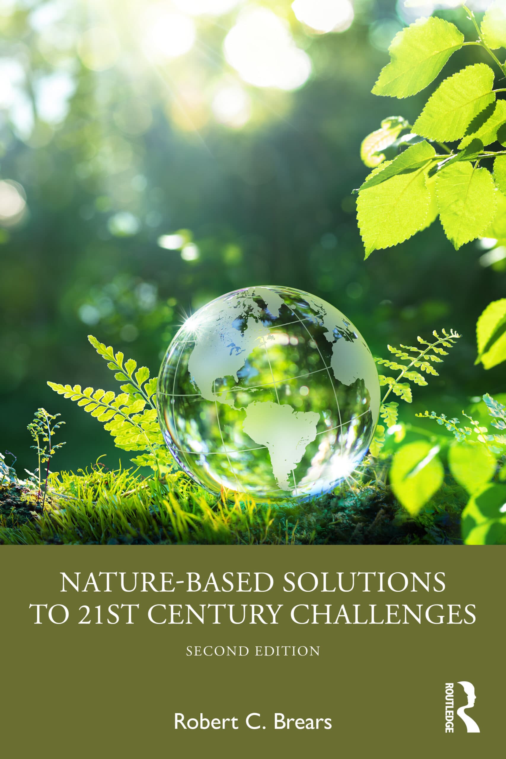 Book cover featuring a glass globe surrounded by green vegetation symbolizing nature-based solutions, climate resilience, and sustainable development.