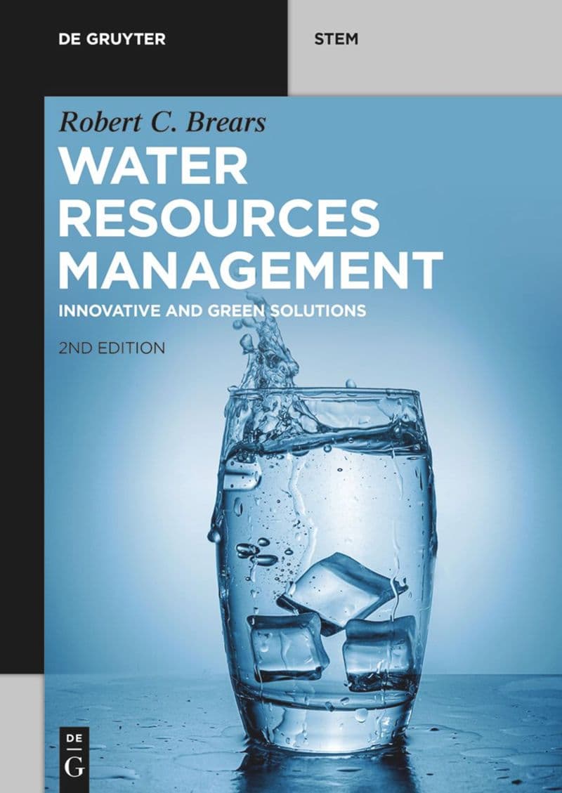 Book cover of Water Resources Management: Innovative and Green Solutions featuring a glass of water symbolizing sustainable water management and conservation.