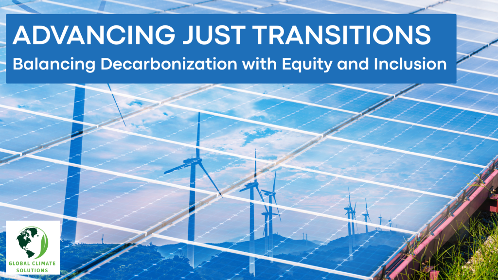 Solar panels and wind turbines symbolizing the Just Energy Transition, highlighting decarbonization with equity and inclusion.