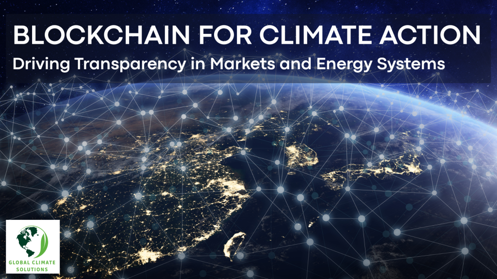Blockchain network overlay on Earth at night, symbolizing transparency and efficiency in climate action, carbon markets, and renewable energy systems.