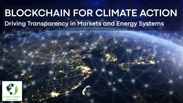 Blockchain network overlay on Earth at night, symbolizing transparency and efficiency in climate action, carbon markets, and renewable energy systems.