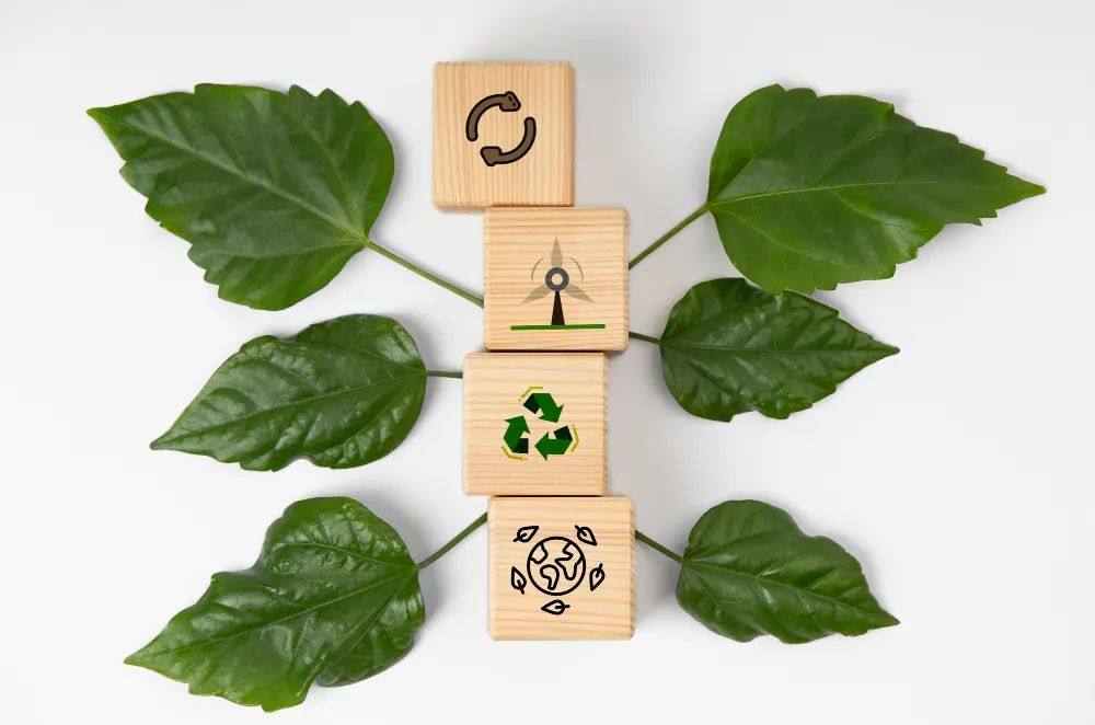 Sustainability concept with wooden blocks showing recycling and renewable energy icons, symbolizing green steel and circular economy.