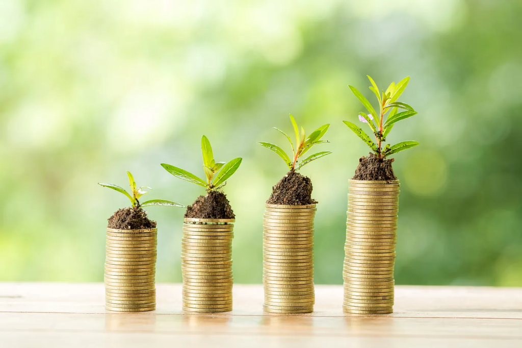 Stacks of coins with growing plants symbolizing Payments for Ecosystem Services (PES) and sustainable investment in natural resources.