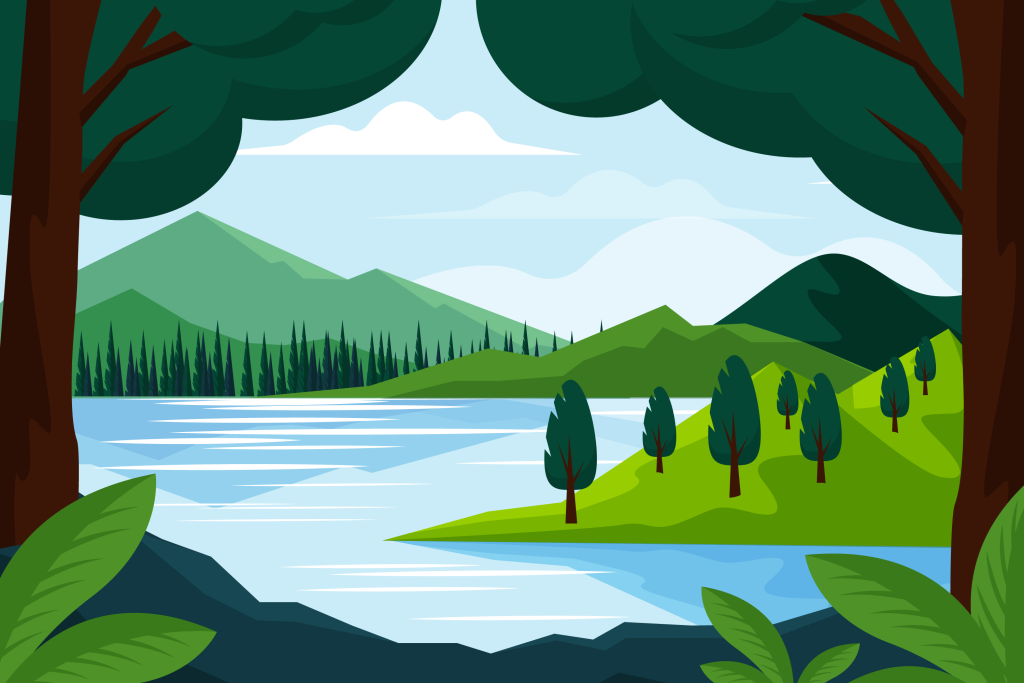 Illustration of a river valley surrounded by green hills and forests, symbolizing floodplain reconnection and ecosystem restoration.