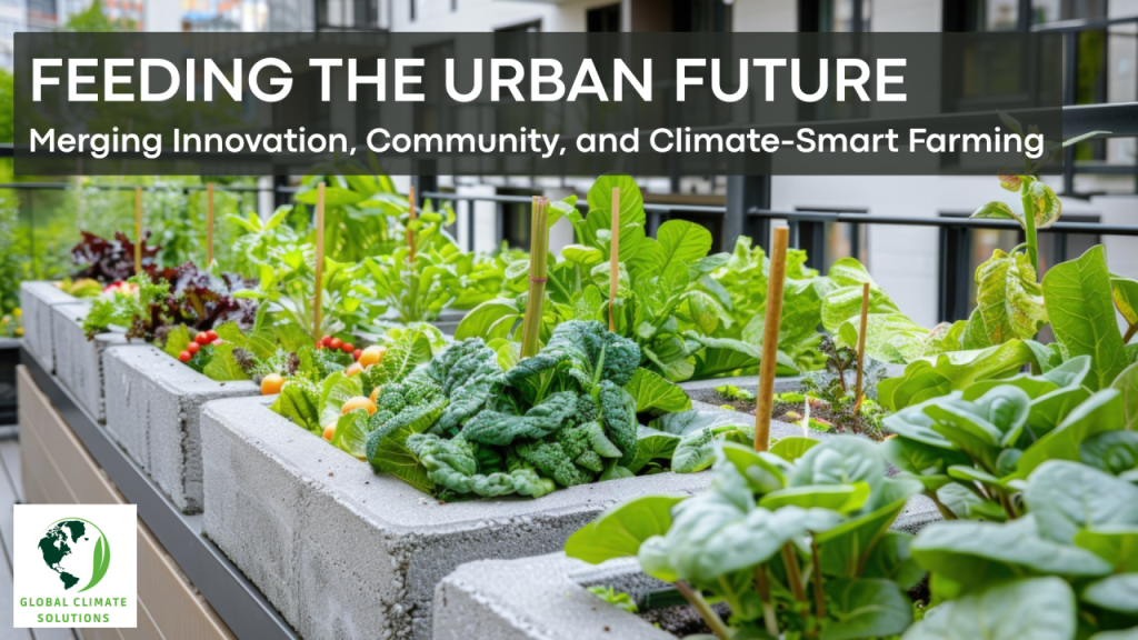 Urban rooftop garden showcasing leafy greens growing in planters, symbolizing sustainable city farming and food security.