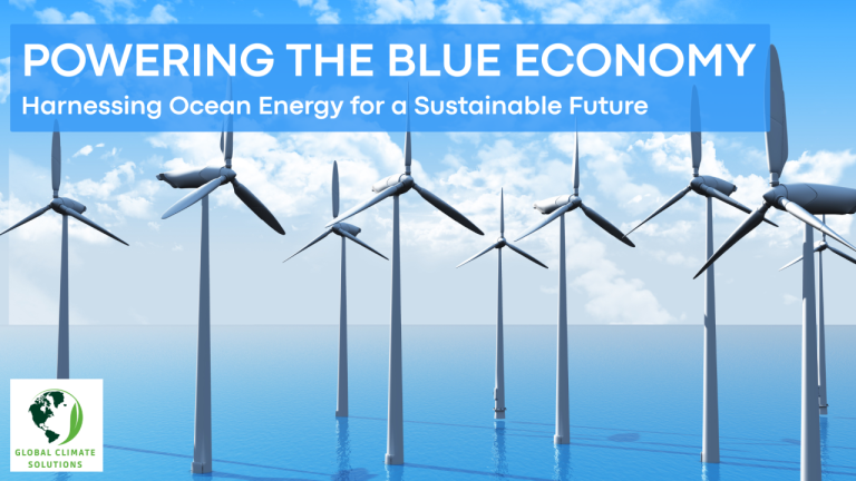 Offshore wind turbines rotating above calm blue waters under a bright sky, symbolizing renewable energy and the sustainable Blue Economy.