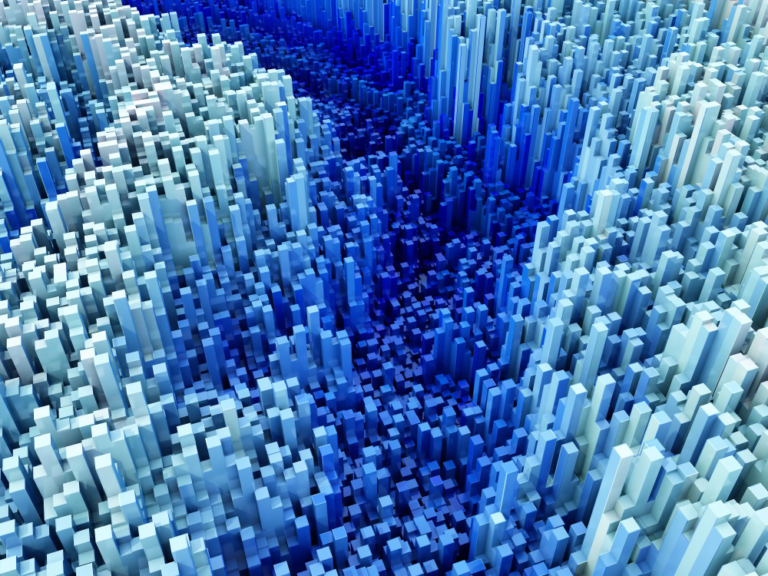 3D digital visualization of blue extruding cubes representing ocean data, innovation, and digital twin technology for marine sustainability.