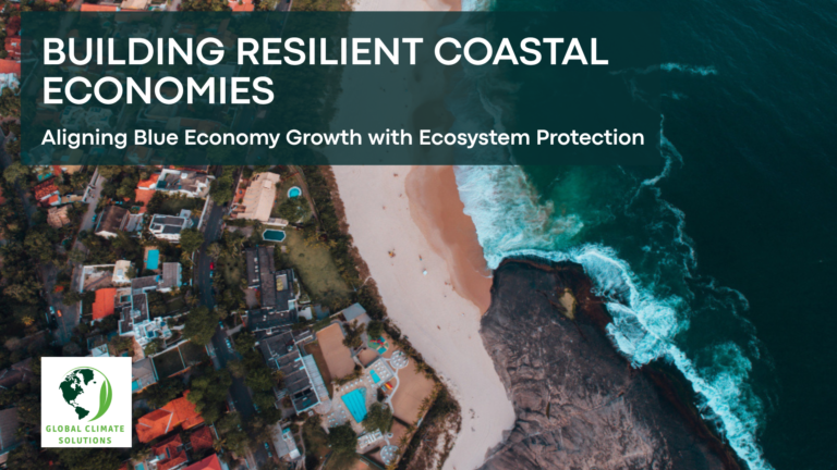 Aerial view of a coastal city with waves hitting the shoreline, overlaid with the title “Building Resilient Coastal Economies” and the Global Climate Solutions logo.
