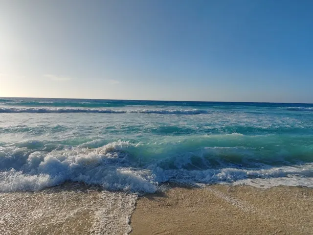 Waves reaching the shoreline under a clear sky, representing coastal ecosystems central to blue bond financing and ocean resilience.