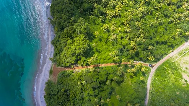 Aerial view of Costa Rica’s coastline showing lush tropical forest meeting the ocean, highlighting the country’s natural environment relevant to decarbonization and climate resilience.