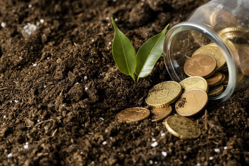 Coins spilling from a glass jar onto soil with a small green plant sprouting, symbolizing investment in sustainable growth and climate resilience.
