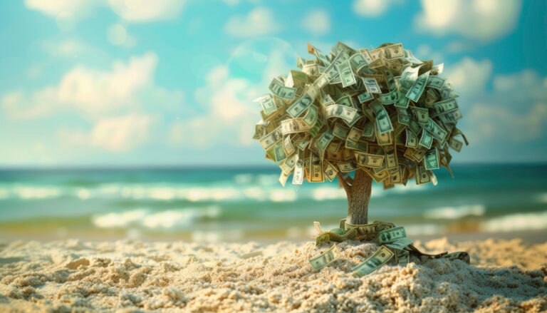 Tree made of banknotes on a beach symbolizing blue bonds and financing for coastal resilience.