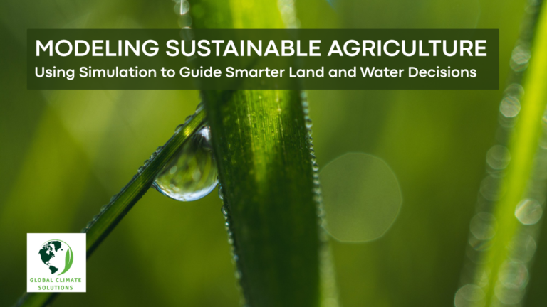 Water droplet on green plant representing simulation-based sustainable agriculture and land-water management.