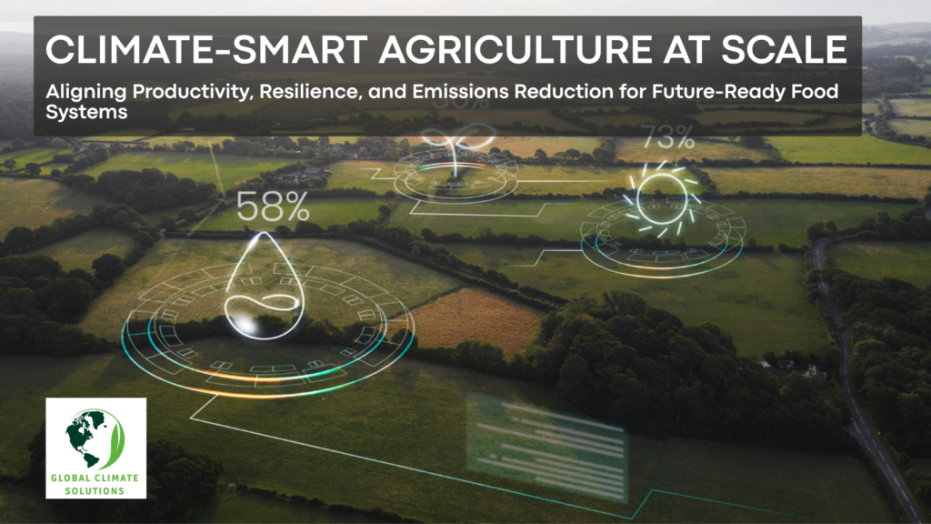 Aerial farmland landscape with digital precision agriculture indicators representing climate-smart agriculture and resource efficiency