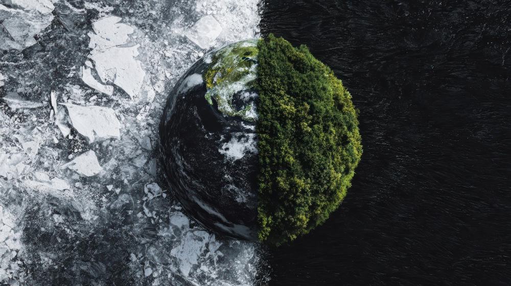 Split image of Earth showing degraded peatland and restored green ecosystem symbolizing carbon emissions reduction and climate resilience