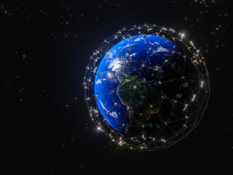 Digital Twin satellite network visualising AI-enabled agricultural monitoring and climate resilience systems around Earth